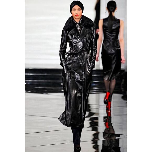 Ralph Lauren Collection Leather Trench Coat Lambskin Shearling Fur Runway Long 8 - Picture 2 of 16